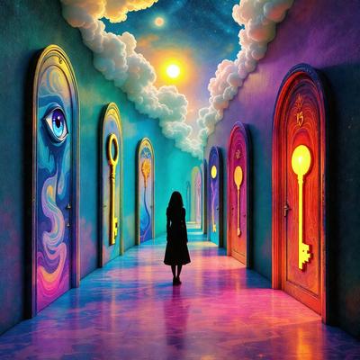 The primary subject of the image is a woman walking down a hallway with many doors. The setting is a colorful, artistic environment, possibly a painting or digital art. The visual style is a combination of realistic elements and surreal, fantastical elements, creating a unique and captivating atmosphere. The colors and mood are vibrant and lively, with a sense of wonder and imagination.